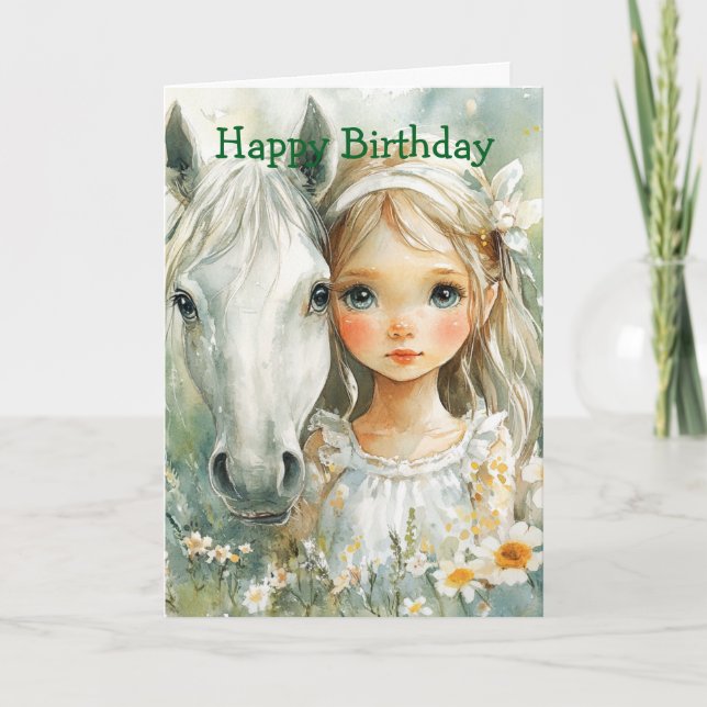 Carte Une petite fille avec un anniversaire à cheval (Devant)