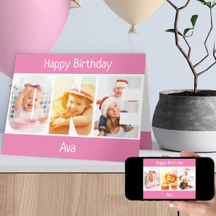 Carte UNE Photo Lettres Rose Filles 1er Anniversaire