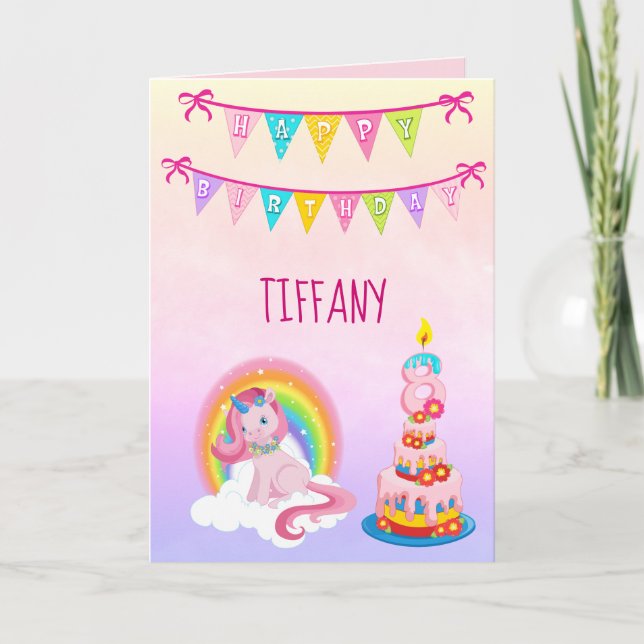 Carte Unicorn Anniversaire Voeux pour votre 8 ans (Devant)