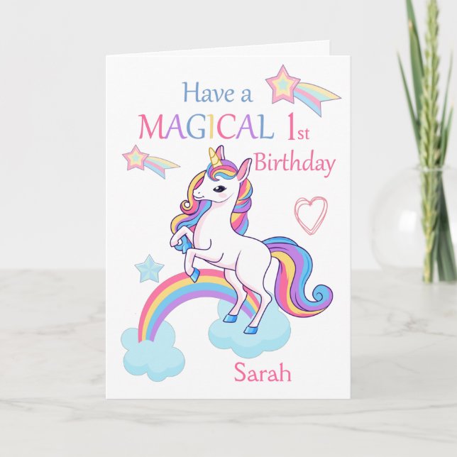 Carte Unicorn Magique 1er Anniversaire rose (Devant)