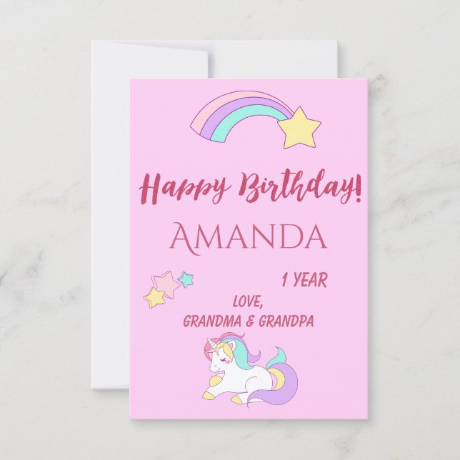 Carte Unicorn magique 1er anniversaire rose fille un an (Devant)
