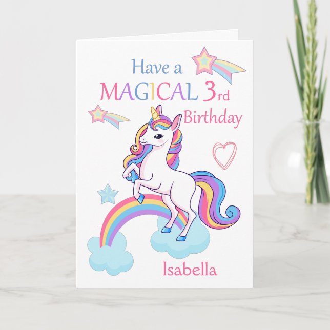 Carte Unicorn Magique 3e anniversaire rose (Devant)
