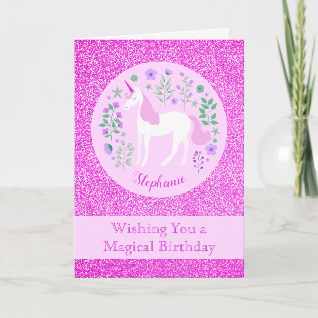 Carte Unicorn Parties scintillant rose Personnalisé Joye (Devant)