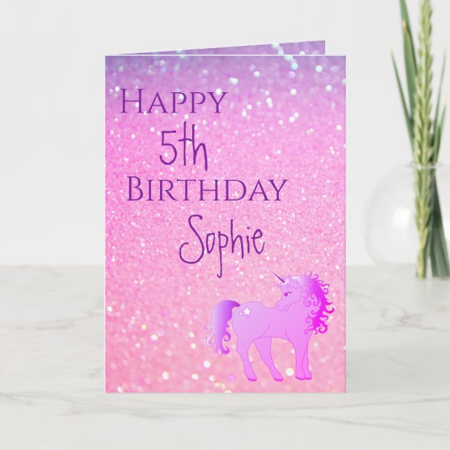 Carte Unicorn Parties scintillant rose pourpre mignon fi (Devant)