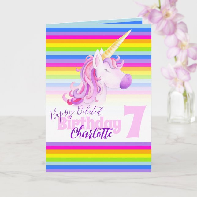 Carte Unicorn rainbow belated 7th Birthday card (Orchidée)