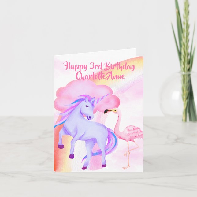 Carte Unicorn Rainbow Flamant rose Girls 3ème anniversai (Devant)
