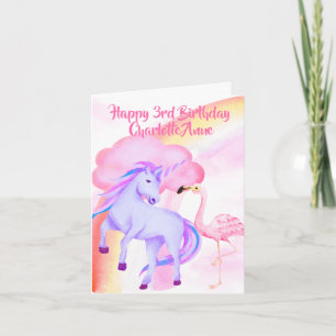 Carte Unicorn Rainbow Flamant rose Girls 3ème anniversai