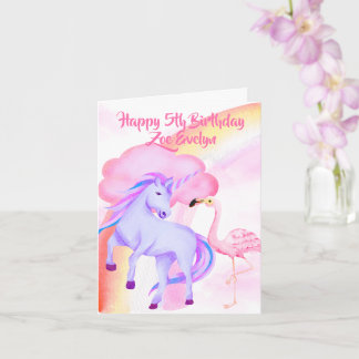 Carte Unicorn Rainbow Flamant rose Girls 5th Birthday Ca
