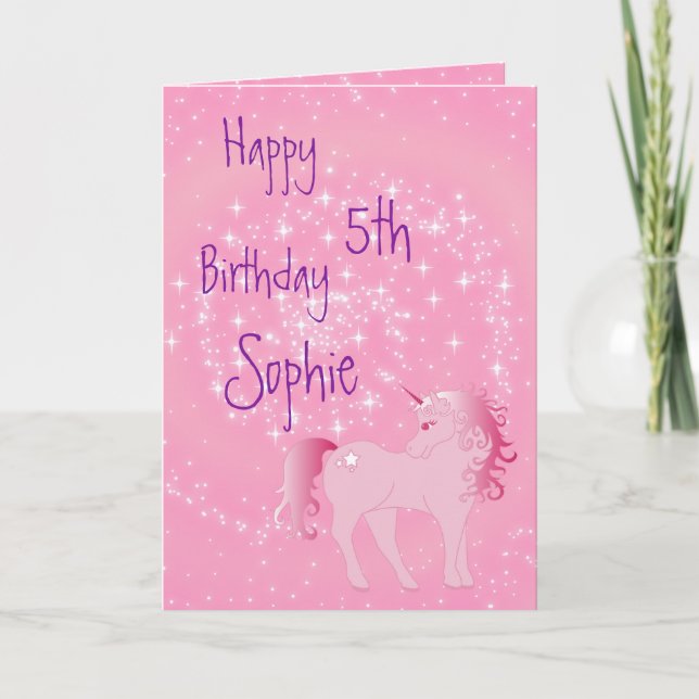 Carte Unicorn rose et blanc mignon fille âge anniversair (Devant)