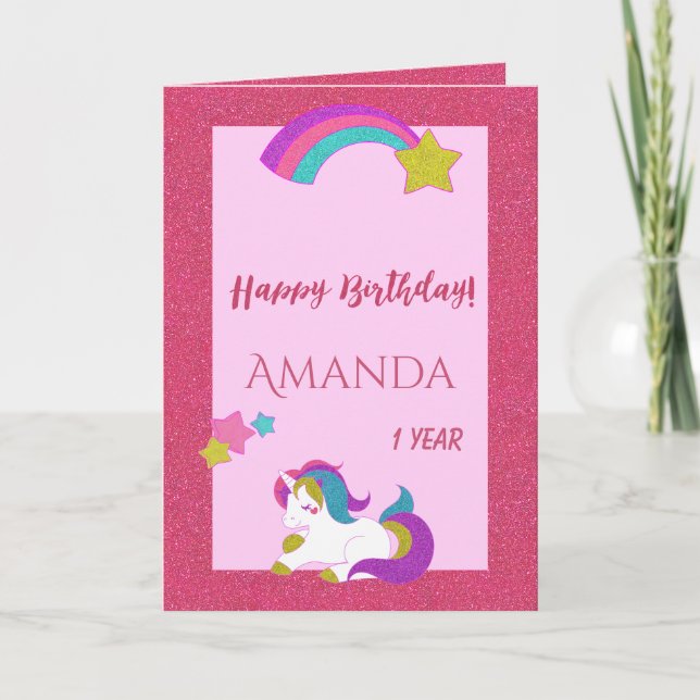 Carte Unicorn rose heureux jour magique 1er anniversaire (Devant)