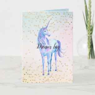 Carte Unicorne Aqua rose Jaune teint or Confetti