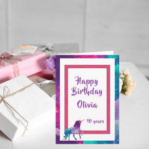 Carte Unicorne imaginaire rose violet 10e anniversaire