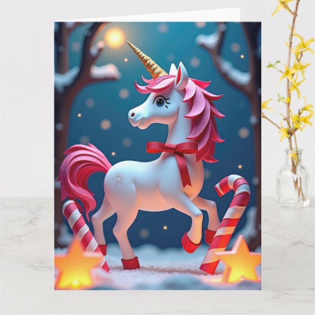 Carte Unicorne magique avec ruban à Noël enneigé (Fleur jaune)