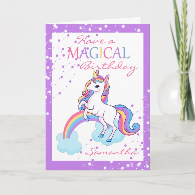 Carte Unicorne Magique Joyeux Anniversaire violet (Devant)