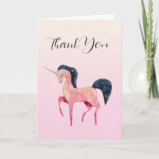 Carte Unicorne nordique rose avec Merci de Mane noir (Devant)