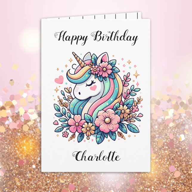 Carte Unicorne personnalisée et Fleurs Anniversaire de l (Créateur téléchargé)