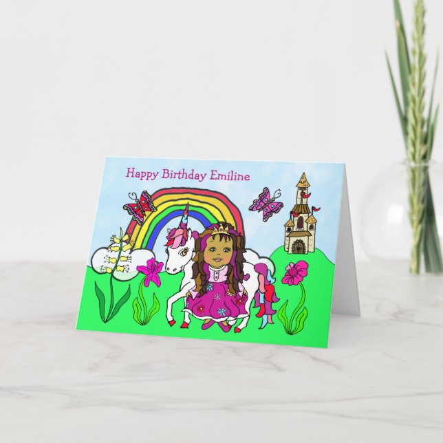 Carte Unicorne personnalisée et princesse Anniversaire (Devant)