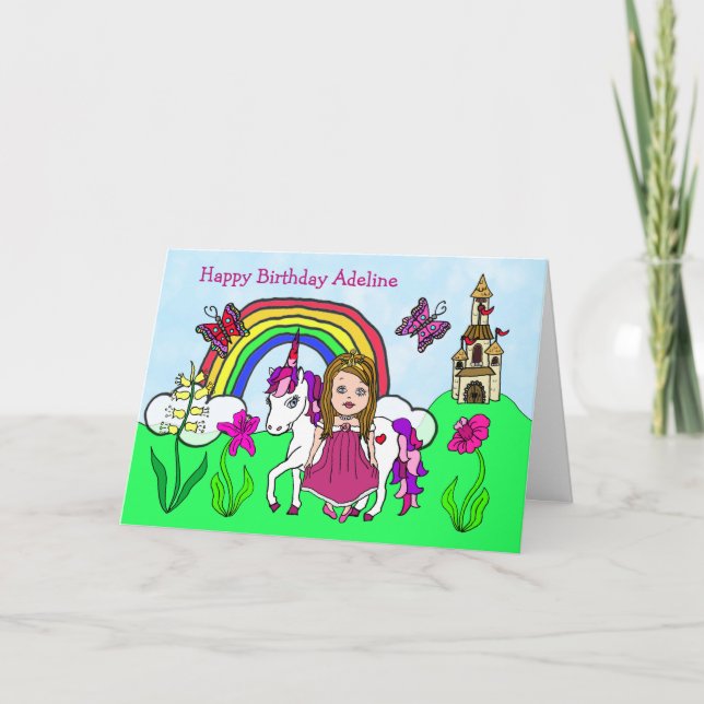 Carte Unicorne personnalisée et princesse Anniversaire (Devant)