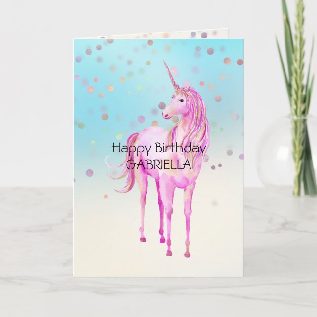 Carte Unicorne rose Confetti Nom personnalisé (Devant)