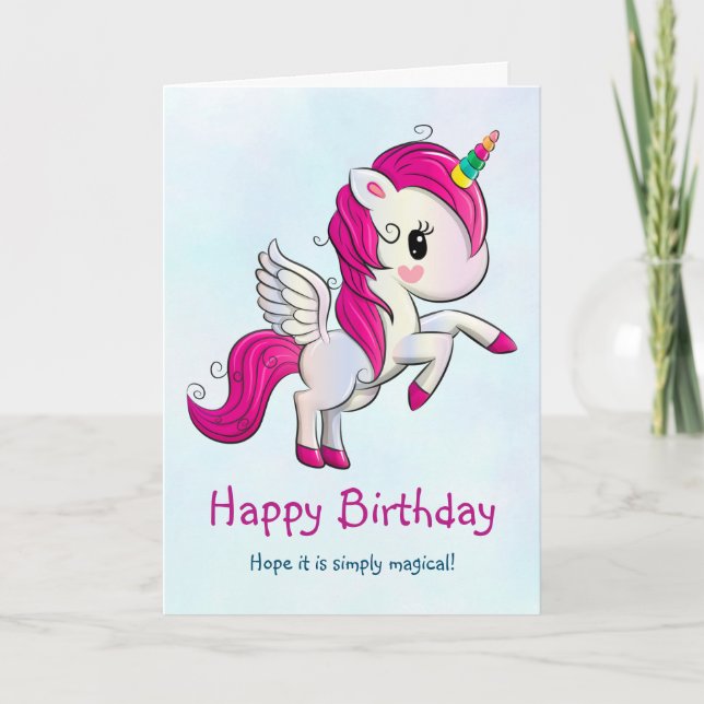 Carte Unicorne rose mignonne avec ailes (Devant)