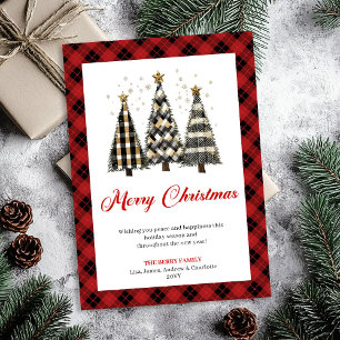Carte unique de Noël à carreaux rouge et noir avec