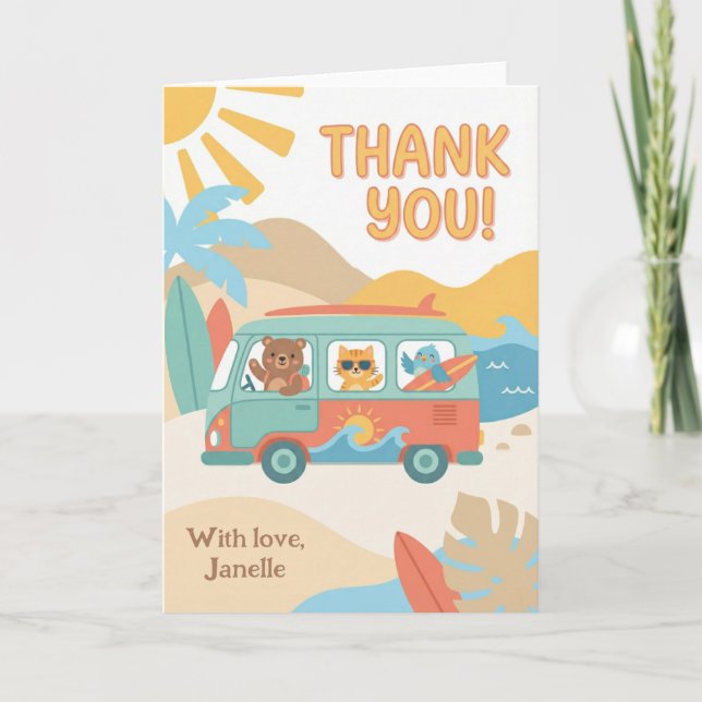 Carte Vacances d'été mignonnes Merci Plage Van Animaux (Devant)