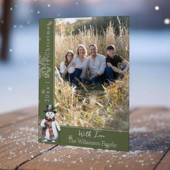 Carte Vacances Photo Snowman Green Smiling (Green Smiling Snowman Holiday Photo Card)