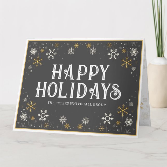 Carte Vacances simples et heureux Snowflake Gold Grey Bu (Devant)