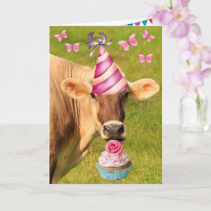 Carte Vache à fête et gâteau d'anniversaire Cupcake