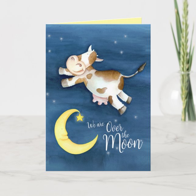Carte Vache a sauté au-dessus de la lune nouveau bébé (Devant)