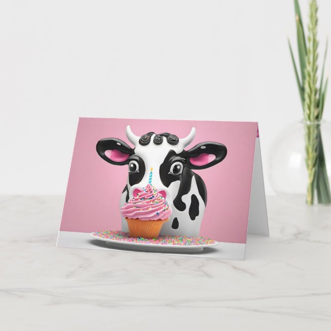 Carte Vache avec Humour Cupcake Anniversaire (Devant)