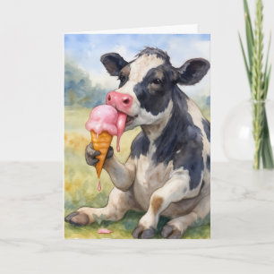 Carte Vache d'anniversaire qui lèche un cône de crème gl