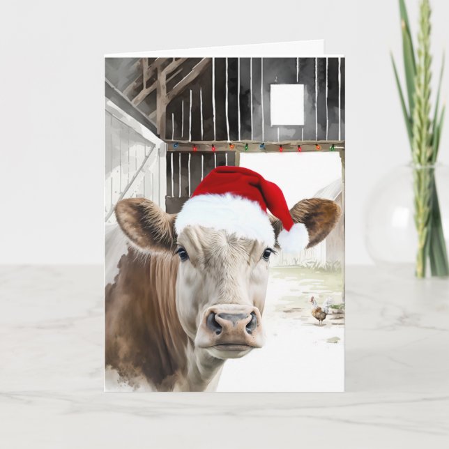Carte Vache de Noël Hereford dans une grange (Devant)