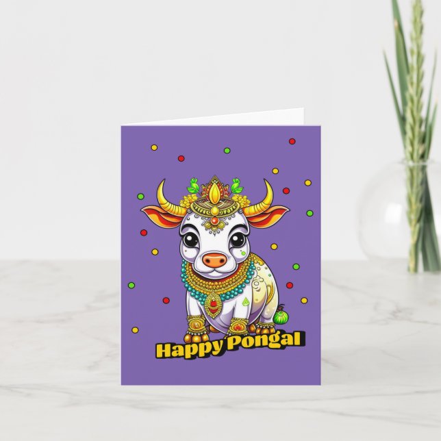 Carte Vache décorée Kawaii Pongal (Devant)