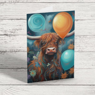 Carte Vache des Highlands Anniversaire Ballons Fantaisis