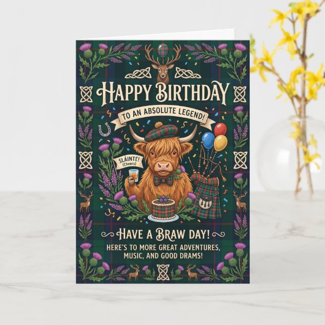 Carte Vache des Highlands Anniversaire Écossais (Fleur jaune)