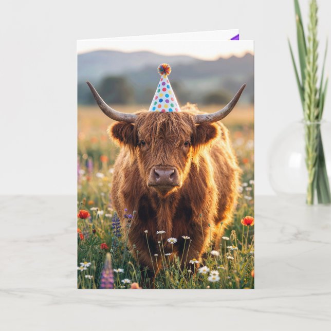 Carte Vache des Highlands avec chapeau de fête d'anniver (Devant)