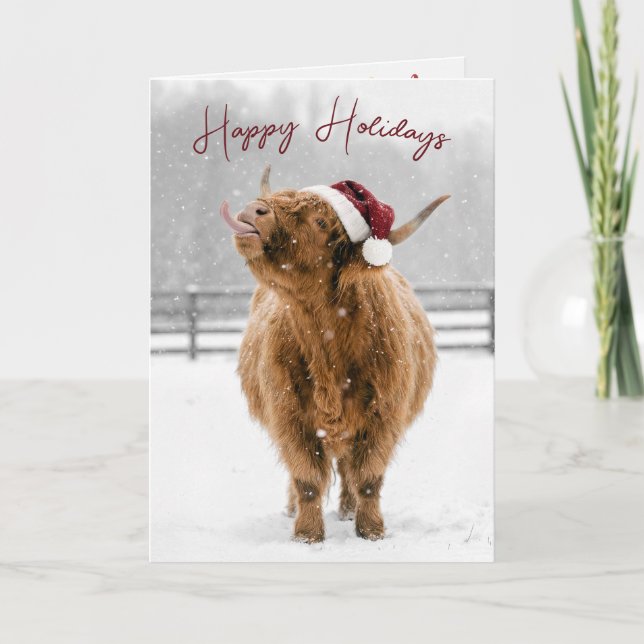 Carte Vache des Highlands de Noël léchant des flocons de (Devant)