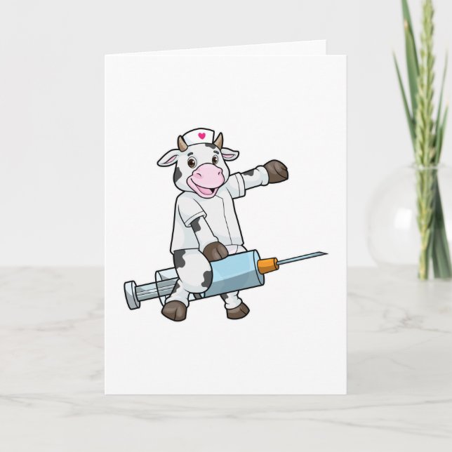 Carte Vache en infirmière avec un cœur et une seringue (Devant)