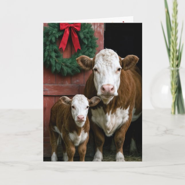 Carte Vache et veau Hereford de Noël (Devant)