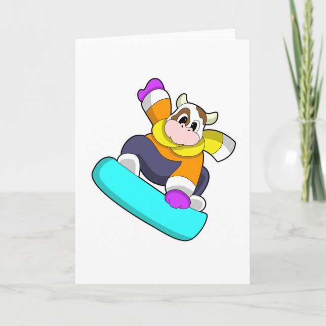 Carte Vache faisant du snowboard avec un snowboard (Devant)