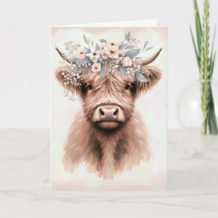 Carte Vache Highland de mariage avec couronne de fleurs 
