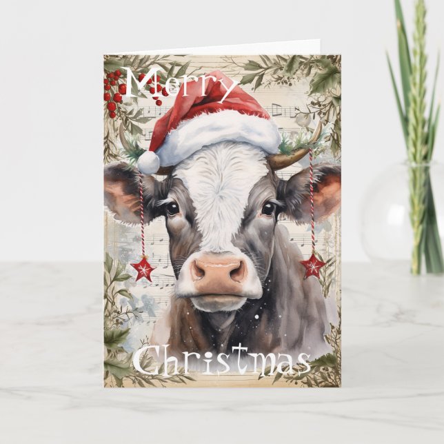 Carte Vache hiver Aquarelle de Noël (Devant)