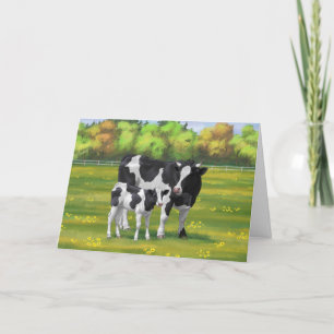 Carte Vache Holstein et veau mignon en pâturage d'été