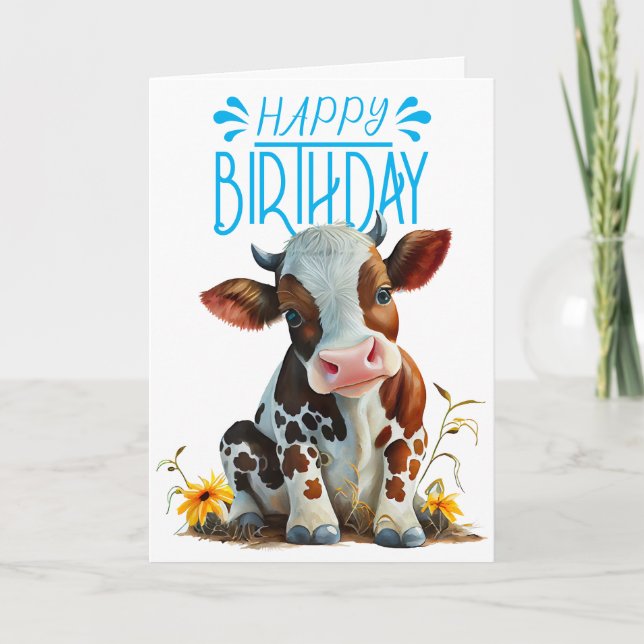 Carte Vache mignonne Anniversaire Garçon bleu (Devant)