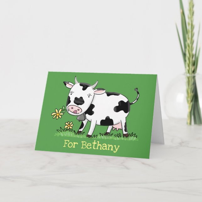 Carte Vache mignonne en vert dessin animé sur le terrain (Devant)