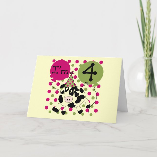 Carte Vache rose 4e Anniversaire Tshirts et cadeaux (Devant)