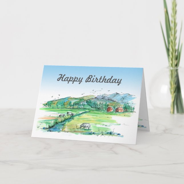 Carte Vaches de ferme rouge aquarelle Joyeux anniversair (Devant)