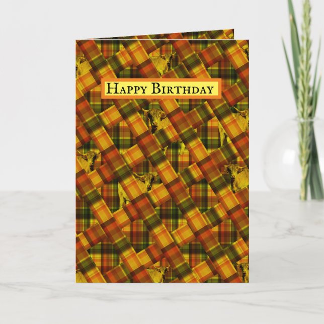 Carte Vaches Highland Dans Le Tartan Orange, (Devant)