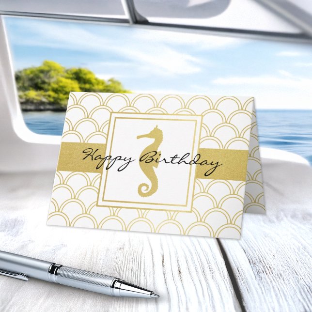 Carte Vague Art Déco Or Pailleté Hippocampe Anniversaire (Créateur téléchargé)